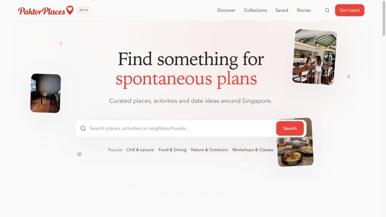 PaktorPlaces homepage with occasion-led discovery and search.